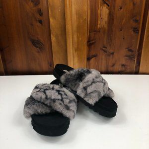 Steve Madden Amari Cozy Gray & Black Faux Fur Comfort Insole Footbed Sandals